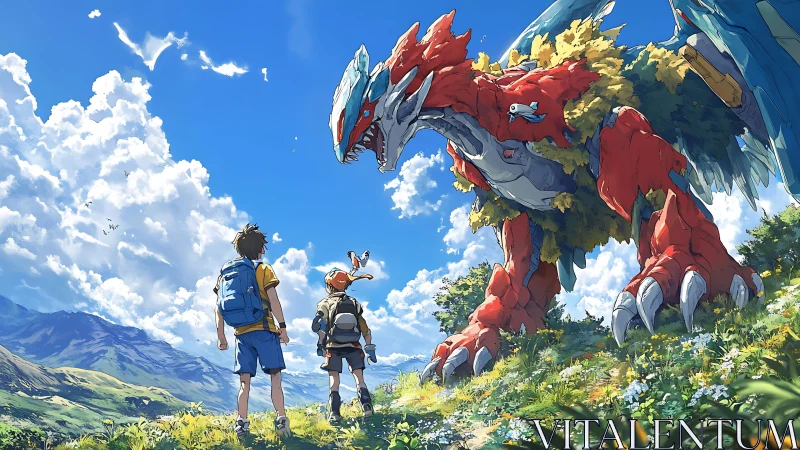 Anime landscape with colossal guardian creature and hikers.