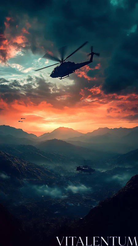 Military helicopters crossing stormy mountains at sunset.