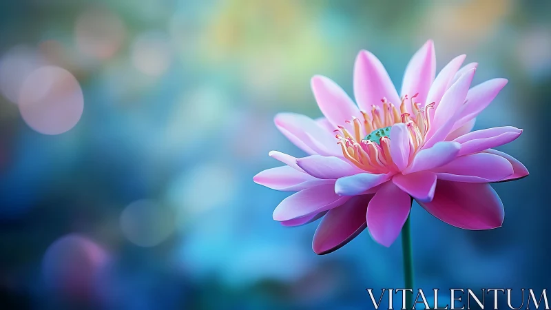 Pink lotus macro bloom against soft teal bokeh field.