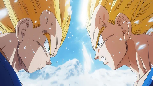 Intense golden-haired duel under icy blue battle sky.