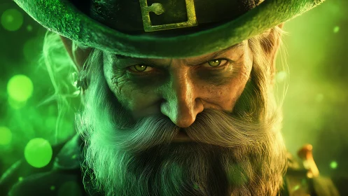 Emerald-eyed trickster glares through swirling fairy-lit fog