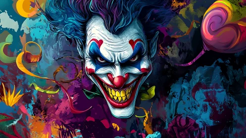 Psychedelic sinister clown portrait amid neon abstract chaos