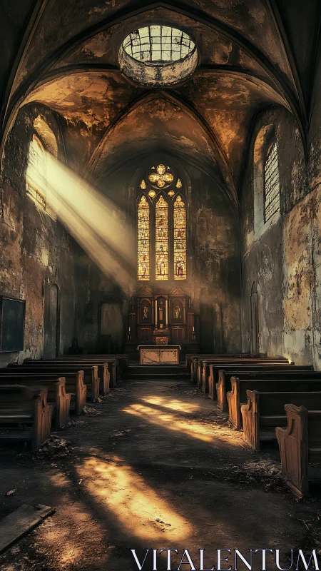 Sunlight cuts through abandoned church nave toward altar
