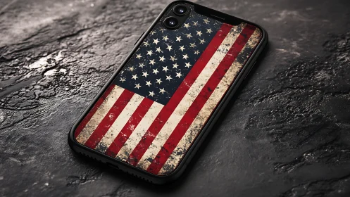 Weathered American Flag Phone Case on Textured Black Stone Surface.