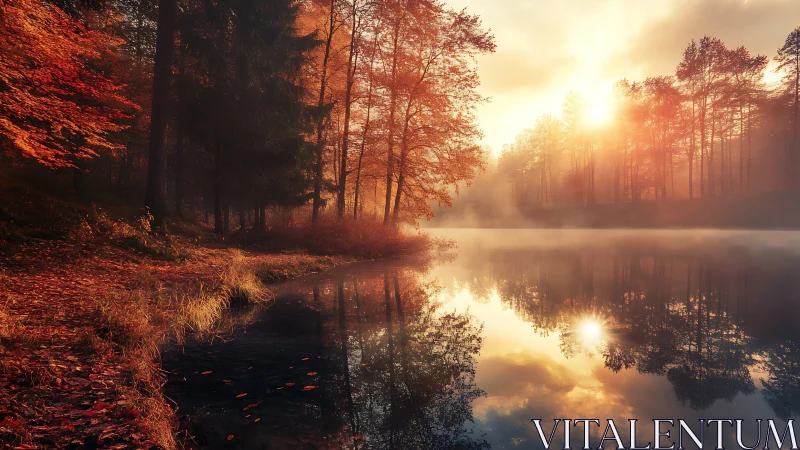 Photorealistic autumn lakeside with atmospheric backlighting.