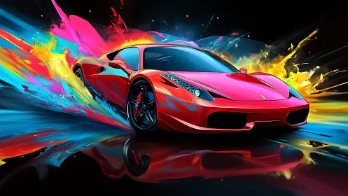 Red sports car with multicolor paint streaks on black ground.