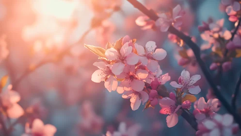 Spring Cherry Blossoms Illuminated Golden Sunrise Light.