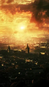 Sunlit urban skyline recedes beneath dense stratified clouds