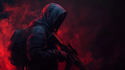 Hooded tactical figure with rifle in red smoke backdrop.