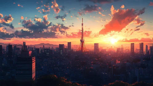 Sunlit tower over neon-dotted Tokyo skyline at dusk.