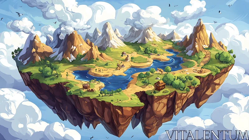 Floating Island Paradise with Mountains and River Valley.