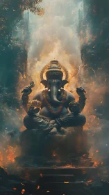 Elephant-headed deity statue amid smoke and embers, centered.