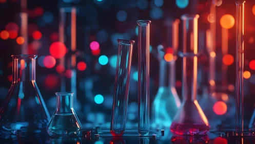 Colorful Chemistry Lab Glassware with Bokeh Lights, Modern Style.