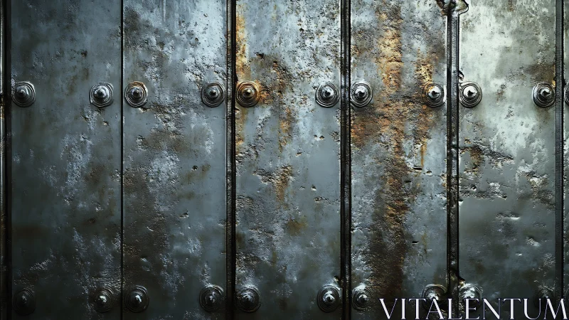 Corroded riveted metal wall surface with vertical panels.