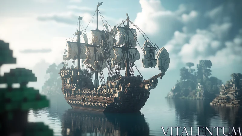 Voxel-rendered galleon floats on calm water under diffused light