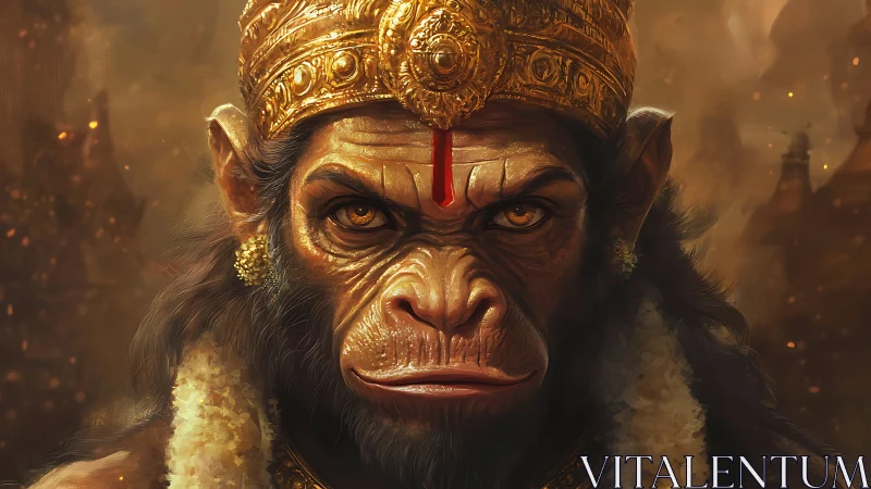 Simian figure in ornate golden crown and temple setting.