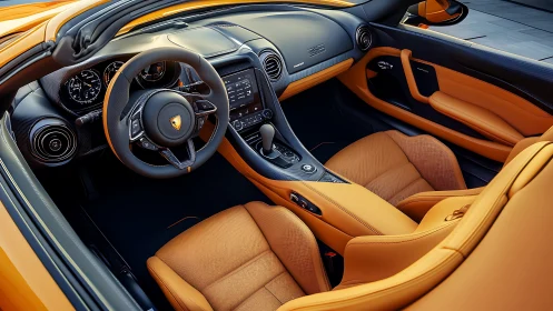 Luxury sports car cockpit glows in warm leather and carbon fiber.