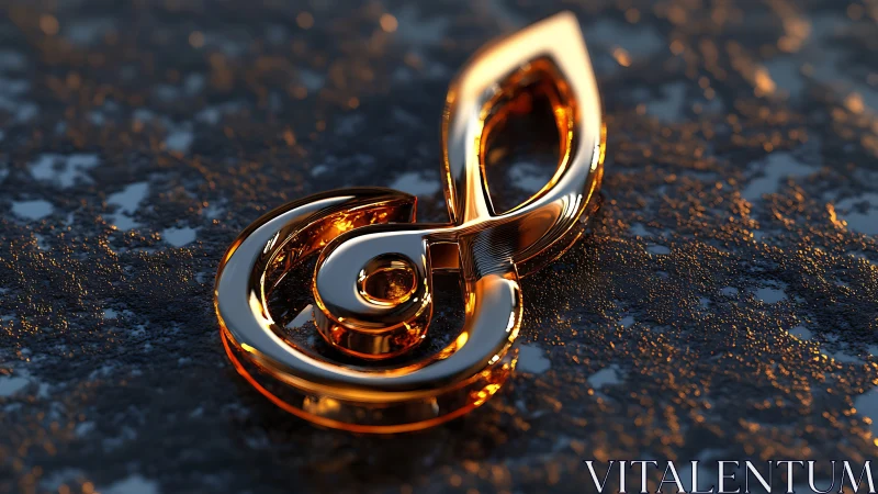 Metallic treble clef emblem on textured dark surface.