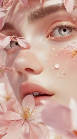 Close-up stylized female face with pink blossoms and droplets.