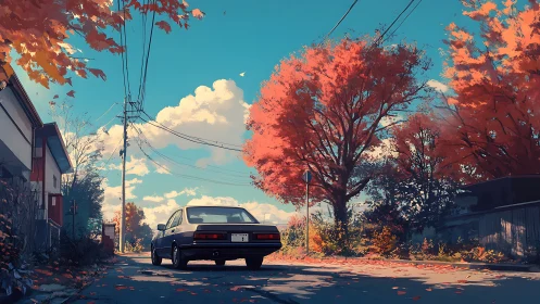 Sunlit sedan under vivid autumn foliage on quiet street.