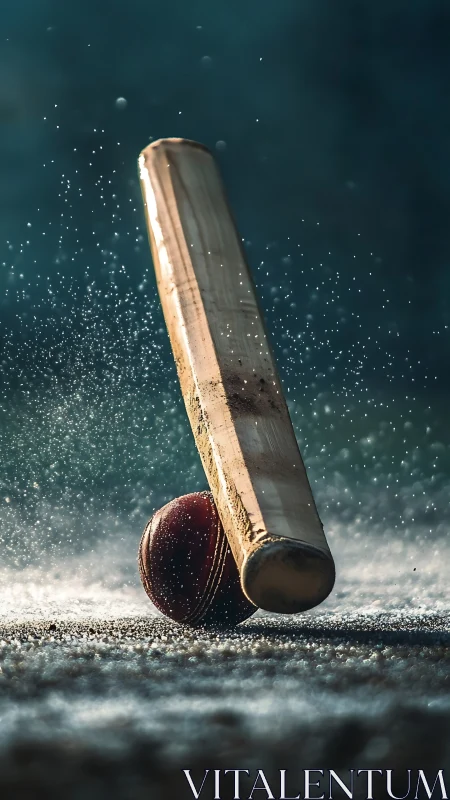 Cricket bat edge striking leather ball with granular pitch spray