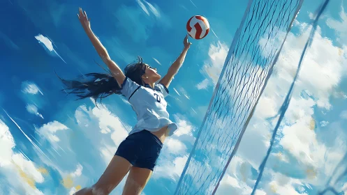 Volleyball player jumps high to spike ball over outdoor net