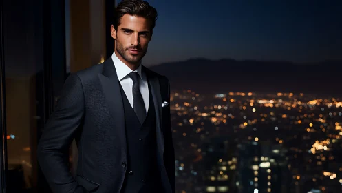 Elegant businessman in tailored suit above glowing cityscape.