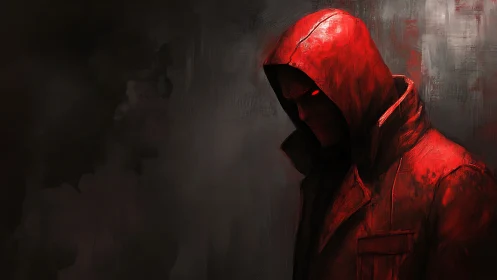 Red hooded wraith brooding in a storm of painted shadows.