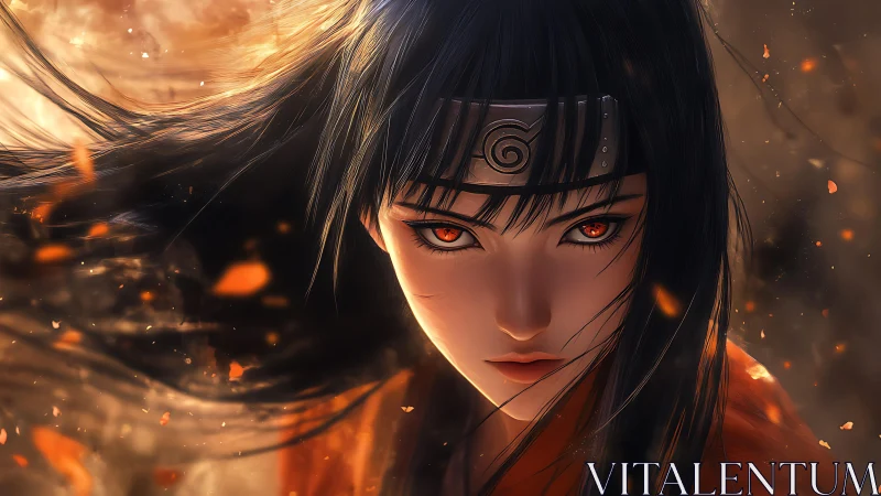 Fiery eyed ninja heroine framed by swirling embers and dusk.