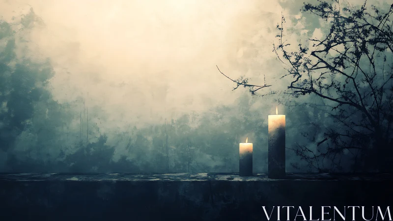 Moody candlelit still life on desaturated textured wall plane.