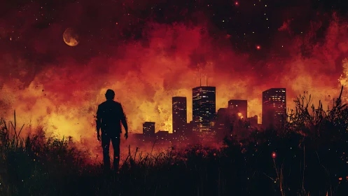 Solitary Wanderer Confronts Burning Metropolitan Skyline