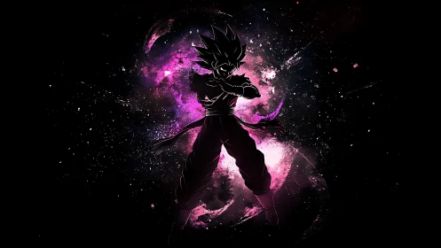 Anime silhouette warrior against cosmic magenta energy field.