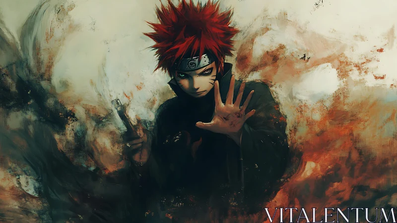 Red haired ninja with glowing eyes in swirling smoke.