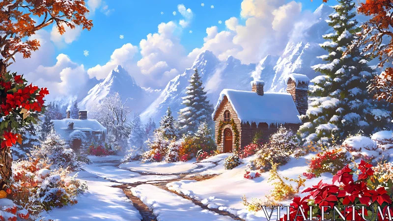 Snow covered mountain cabins in colorful winter landscape.