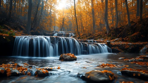 Gentle forest waterfall wrapped in glowing autumn light.