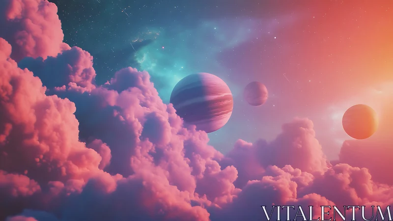 Multi-planet sky over dense pink clouds at sunset period.