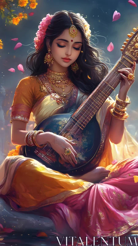 Serene sitar player in golden sari wrapped in gentle petals.