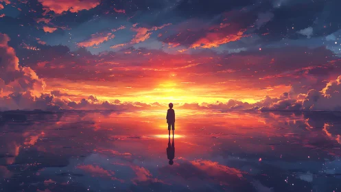 Solitary figure contemplates a blazing, dreamlike horizon