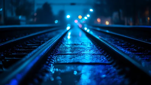 Wet railway tracks extend into distant defocused lights