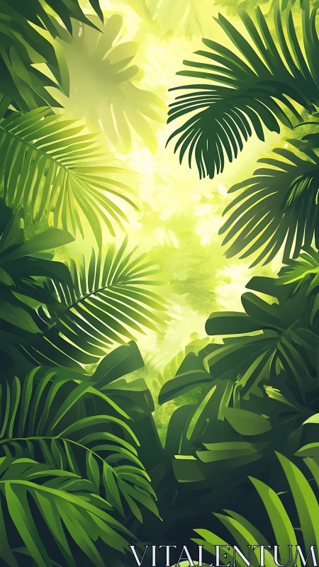 Dense tropical jungle foliage under bright green light.