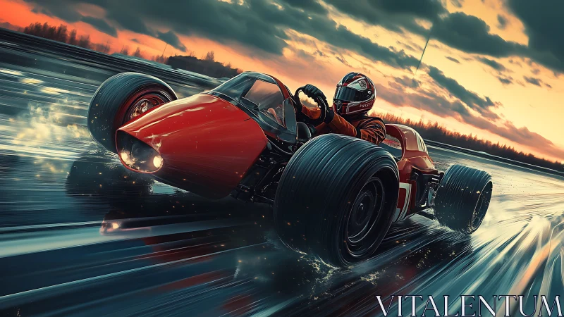 Retro-futuristic race car slashes through neon wet track at dusk.
