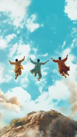 Trio in midair over rocky cliff under expansive teal sky.