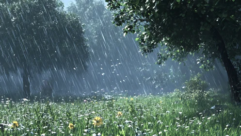 High-intensity rainfall over dense meadow under volumetric lighting