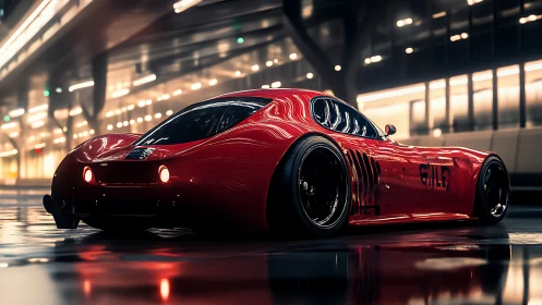 Sleek red race car under neon city lights at night.
