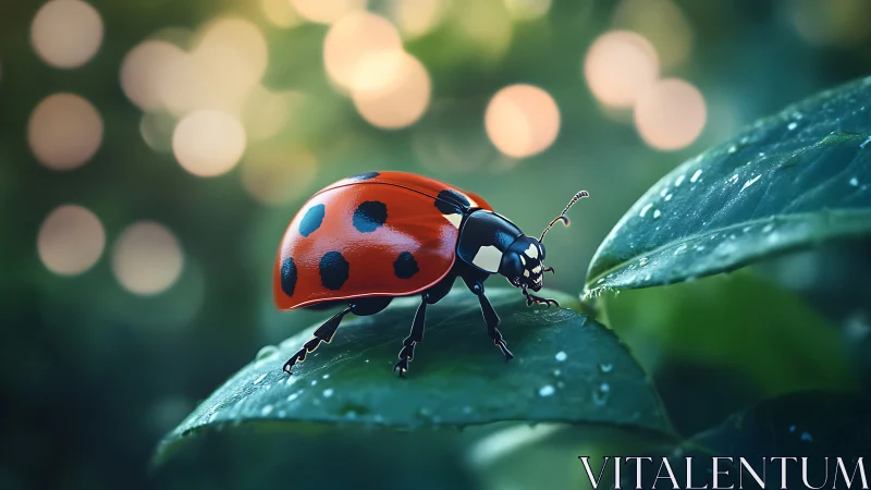 Scarlet ladybug on dewy leaf in dreamy bokeh garden.