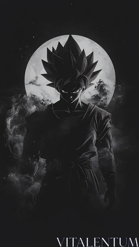 Silhouetted anime warrior stands defiant beneath full moon glow