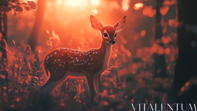 Young fawn stands in glowing orange forest dusk light.