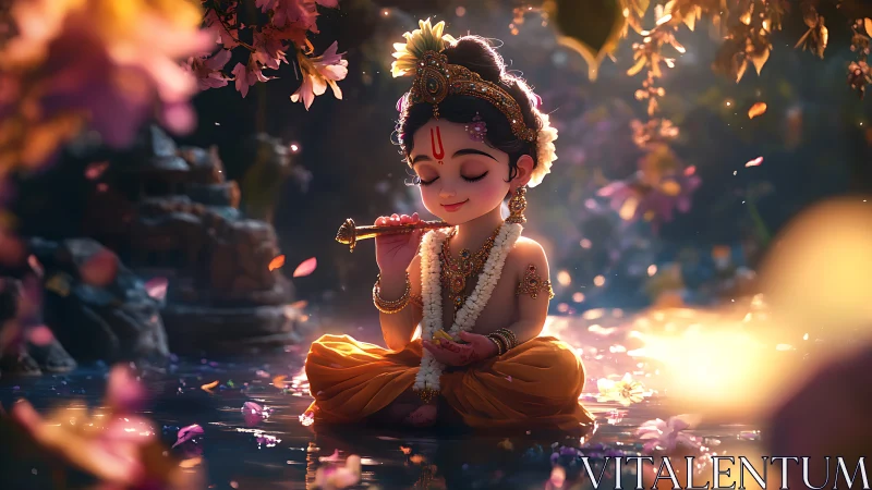 Divine child playing flute in glowing forest water scene.