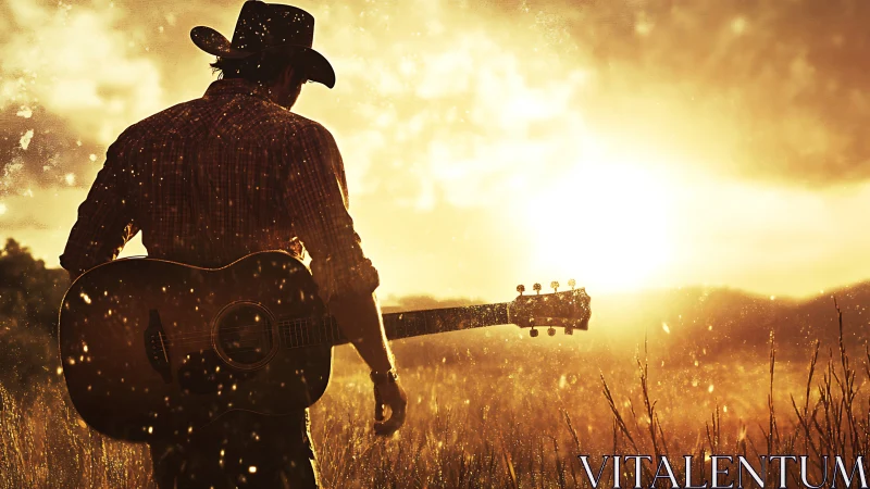 Cowboy guitarist stands against glowing country sunset