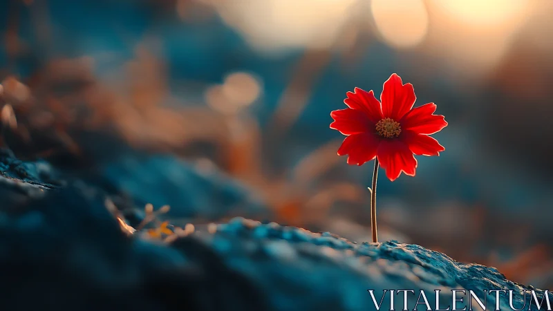 Single red flower on rocky surface in soft sunset light.